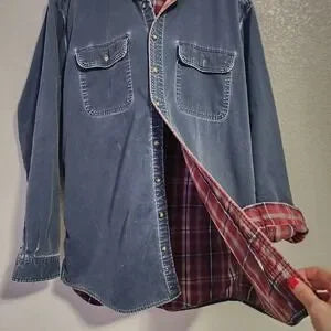 L.L.BEAN Men's Flannel-Lined Denim Overshirt Jacket Shacket Plaid L-Tall