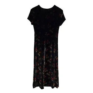 L.A. CONDUCT Velvet Rose Print Dress Short Sleeve Black Floral Wednesday Addams