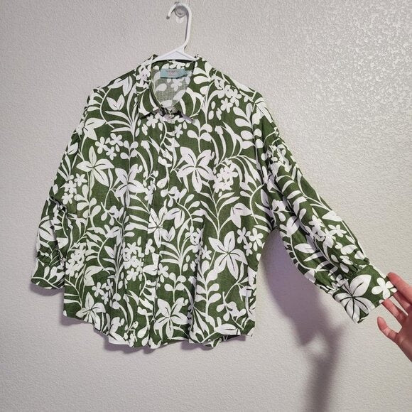 VOYAGEUR BY MERSEA Lucca collared button up linen top green white S