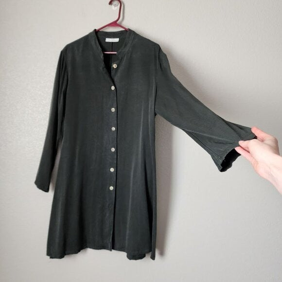 BRYN WALKER 100% tencel forest green button front tunic dress long sleeve M