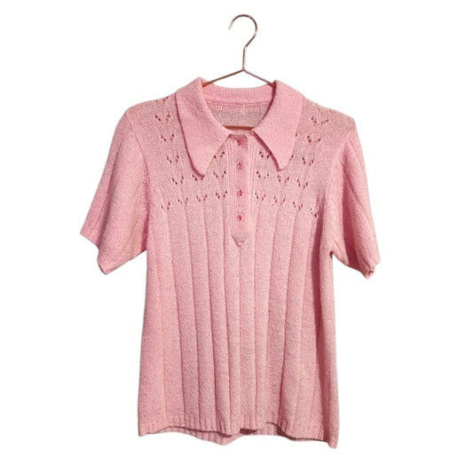 VINTAGE 70's bubblegum pink acrylic knit pointed collar short sleeve sweater top