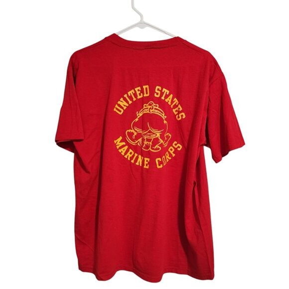 VINTAGE 80s USMC graphic tee in red double sided USA Made single stitch size XL