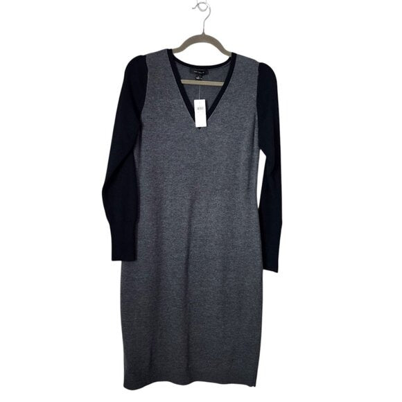 ANN TAYLOR Colorblock Sweater Dress Gray Black Long Sleeve V-Neck Size S NEW