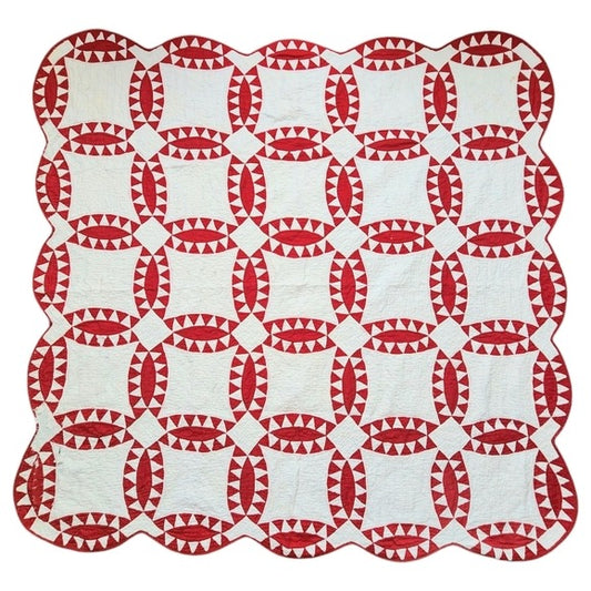 ANTIQUE Hand-Quilted Turkey Red / Ivory scalloped Pickle Dish Quilt 70inx70in