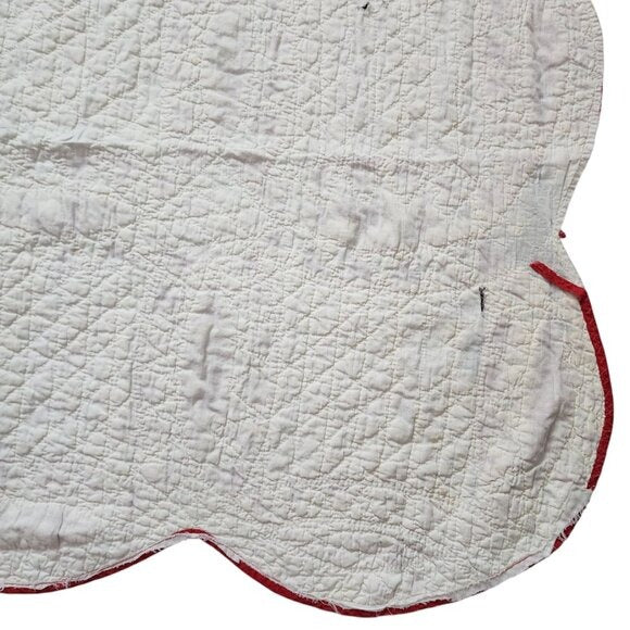 ANTIQUE Hand-Quilted Turkey Red / Ivory scalloped Pickle Dish Quilt 70inx70in