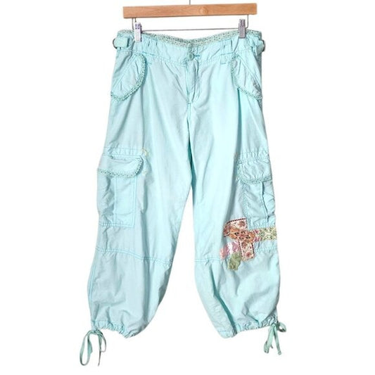MISS ME Y2K VINTAGE cropped cargo pants in light bright blue patchwork boho L