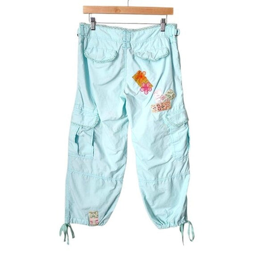 MISS ME Y2K VINTAGE cropped cargo pants in light bright blue patchwork boho L