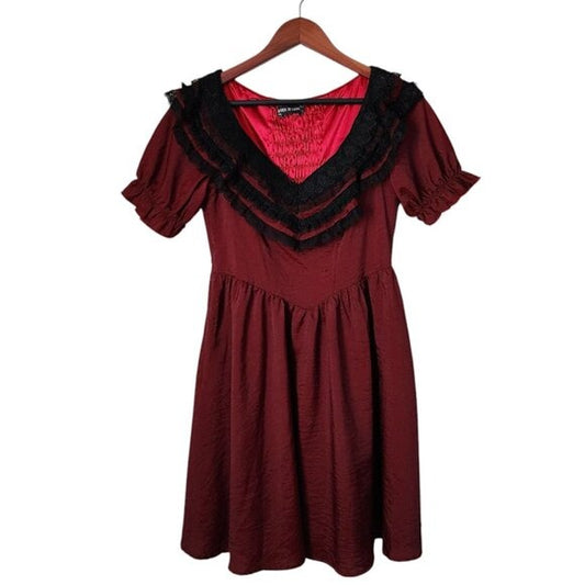 DARK IN LOVE Goth Vampire victorian Style Lace Ruffle black red dress size L